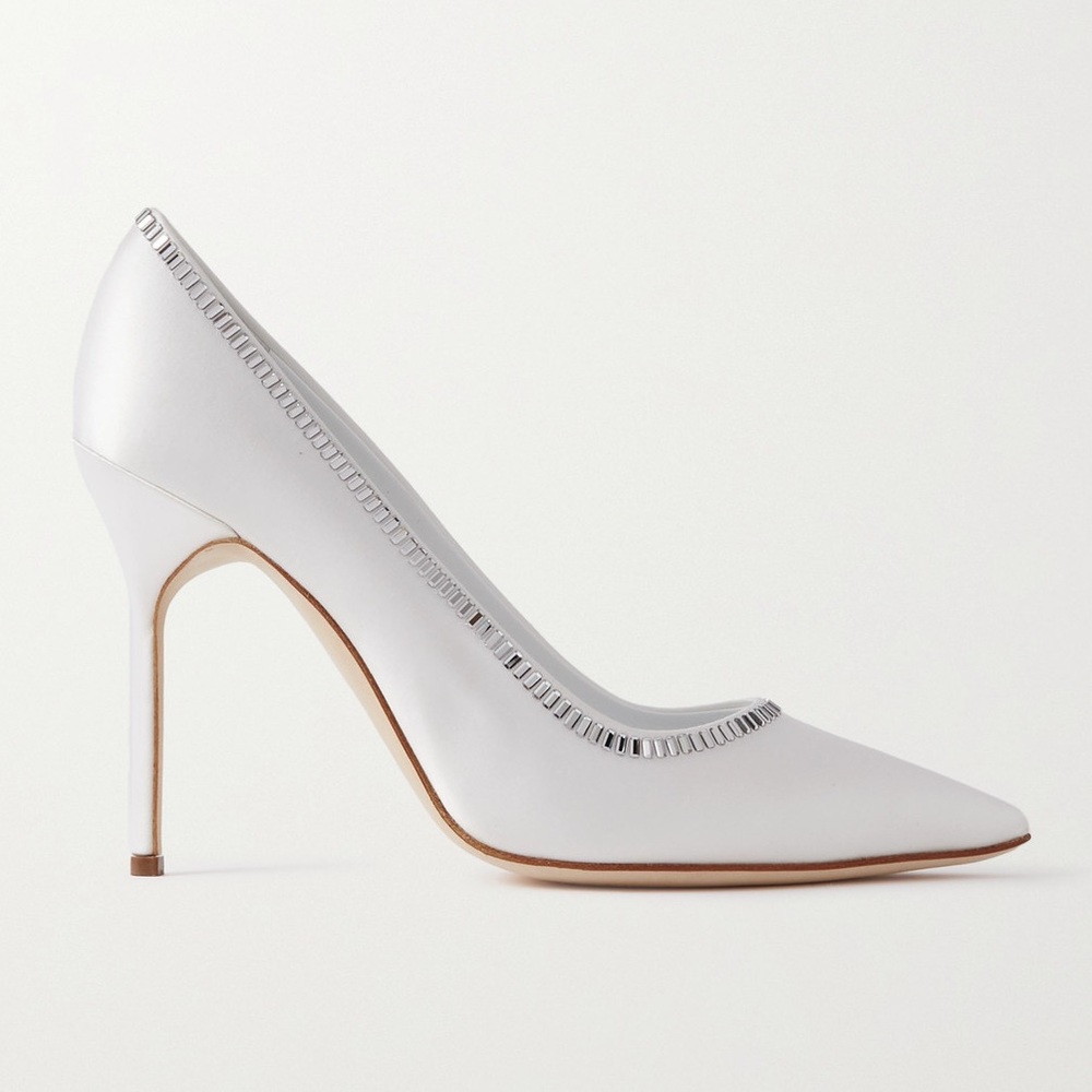 Manolo Blahnik White Pointed Toe Stiletto Pumps with Silver Trim